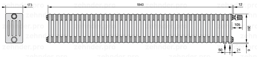 Схема (чертеж) Радиатор Zehnder Charleston 5026/40 №V002 Белый глянцевый RAL 9016